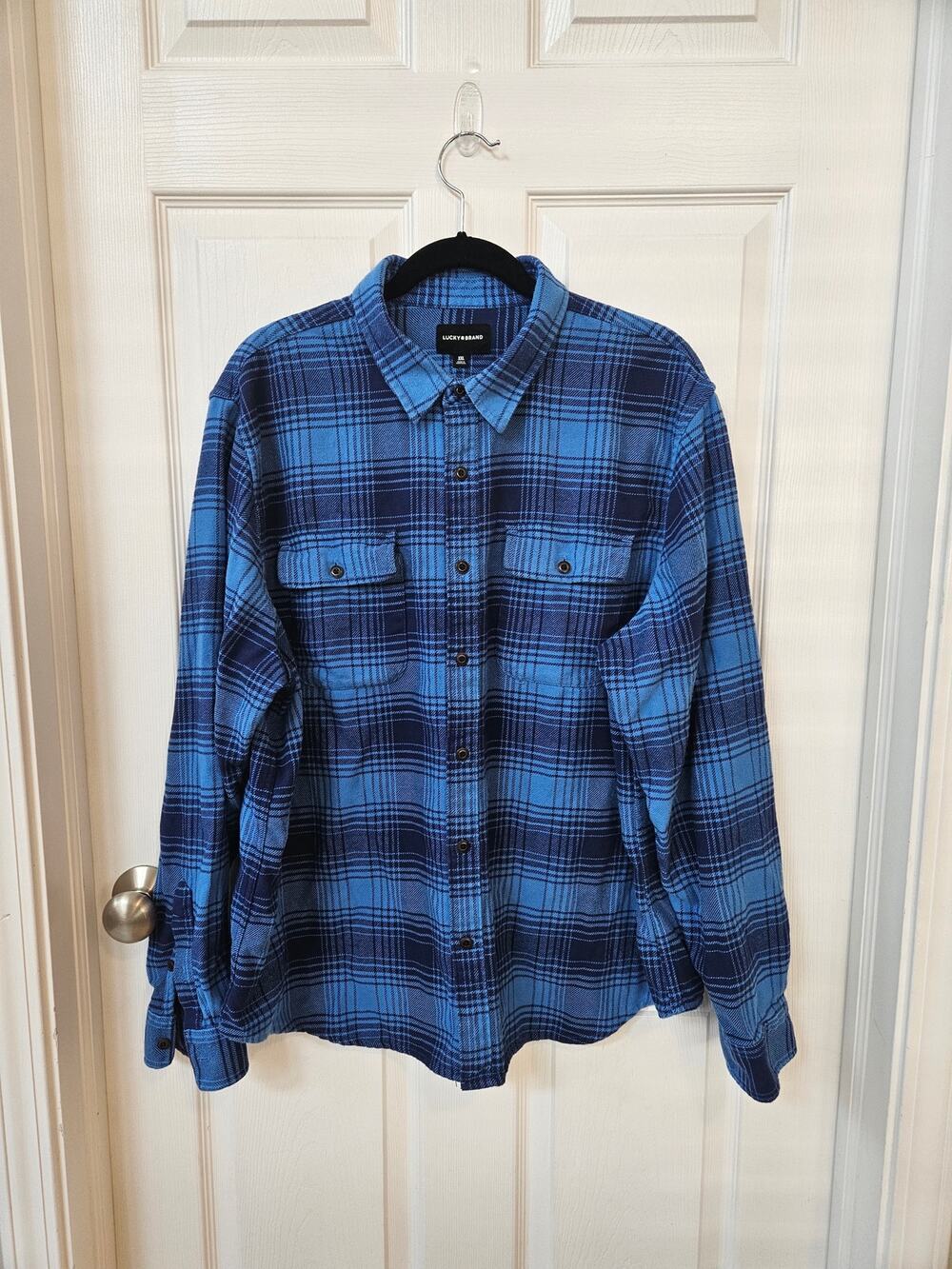 Lucky Brand Men's XXL Blue Plaid Flannel Shirt 100% Cotton Button Front Casual